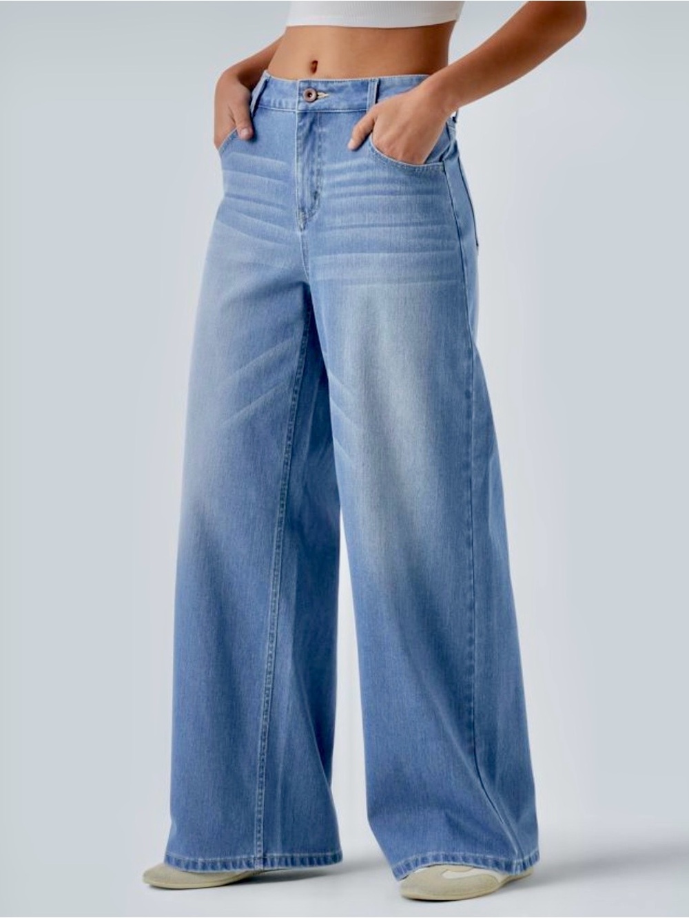 Halara Wide Leg Mid-Rise Washed Baggy Wide Leg Women Jeans - Light Blue - Large - Picture 2 of 10